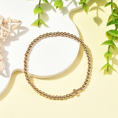 Bracelets extensibles en perles rondes et croix religieuses en hématite synthétique non magnétique
