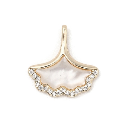 Brass Micro Pave Clear Cubic Zirconia Pendants, with Natural White Shell, Fan