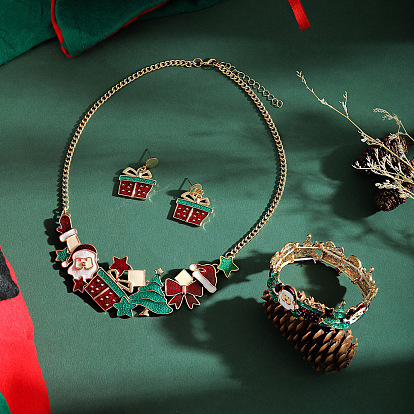 Рождественская елка Санта-Клаус подарочная коробка сплав эмаль подвеска ожерелья и серьги-подвески и браслеты наборы