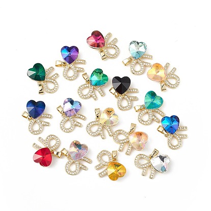 Real 18K Gold Plated Rack Plating Brass Micro Pave Clear Cubic Zirconia Pendants, with Glass, Long-Lasting Plated, Cadmium Free & Lead Free, Bowknot with Heart