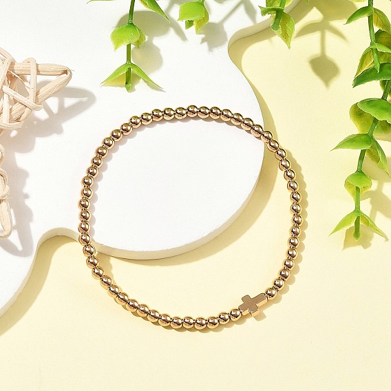 Bracelets extensibles en perles rondes et croix religieuses en hématite synthétique non magnétique