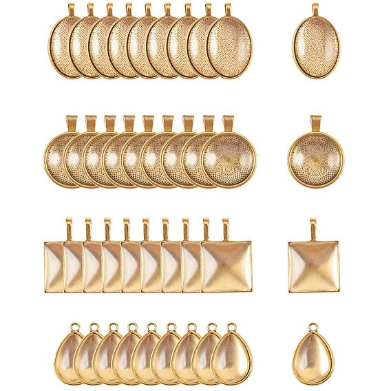DIY Makings, Alloy Pendant Cabochon Settings and Clear Glass Cabochons, Teardrop & Oval & Square & Flat Round
