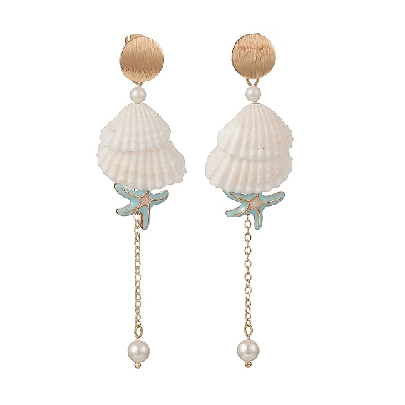 Natural Spiral Shell & Shell Pearl Dangle Stud Earrings, Brass Starfish Tassel Earrings for Women