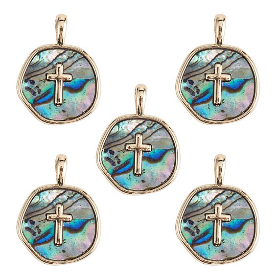 5 colgantes de concha de abulón natural/paua, con hallazgos de latón chapado en oro real 18 k, sin plomo y cadmio, larga duración plateado, encanto, plano y redondo, patrón de cruz/corazón