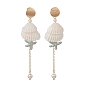 Natural Spiral Shell & Shell Pearl Dangle Stud Earrings, Brass Starfish Tassel Earrings for Women