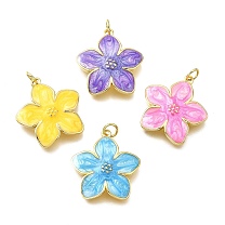Brass Enamel Pendants, Flower Charm, with Jump Ring, Lead Free & Cadmium Free, Real 18K Gold Plated, Rack Plating, Lasting Plated