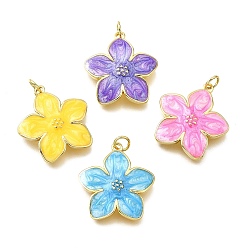 Brass Enamel Pendants, Flower Charm, with Jump Ring, Lead Free & Cadmium Free, Real 18K Gold Plated, Rack Plating, Lasting Plated