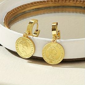 Серьги из 201 нержавеющей стали, плоская круглая монета с портретным рисунком