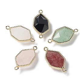 Natural Mixed Gemstone Connector Charms, Faceted Hexagon Links with Golden Plated Brass Edge Loops