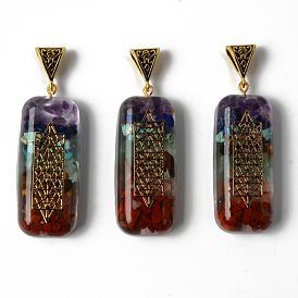 Rectangle Epoxy Resin Big Pendants, Spiritual Charms, with Natural Amethyst & Lapis Lazuli & Sodalite & Green Aventurine & Tiger Eye & Carnelian & Red Jasper Chips inside, and Brass Sticker, Alloy Bails