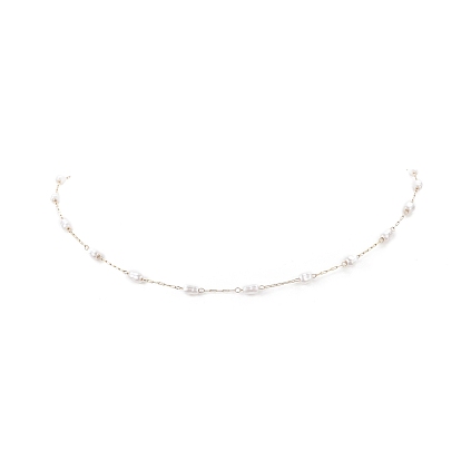 Glass Pearl Link Chain Necklace, 316 Surgical Stainless Steel Jewelry for Women