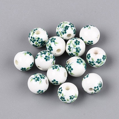 Handmade Porcelain Beads, Hand Painted, Round with Flower