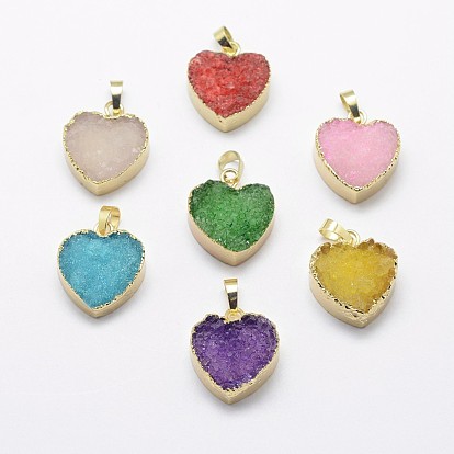 Natural Druzy Crystal Pendants, with Golden Brass Finding, Heart