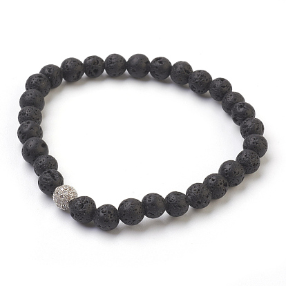 Bracelets extensibles en perles de lave naturelle, avec accessoires zircon cubique micro pave en laiton, ronde, des boîtes en carton