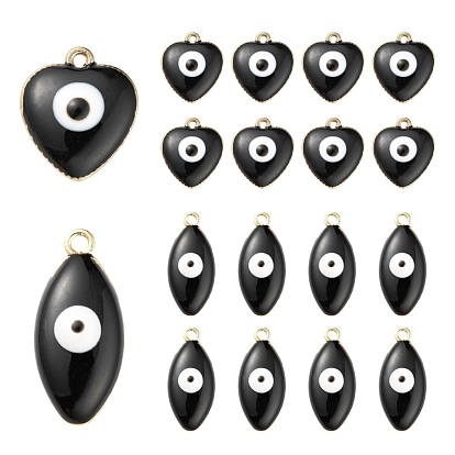 20Pcs 2 Style Alloy Enamel Pendants, Cadmium Free & Lead Free, Enamelled Sequins, Heart & Horse Eye with Evil Eye, Light Gold