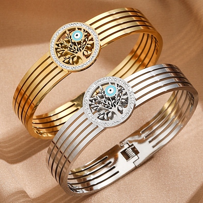Arbre de vie en cristal strass avec bracelet articulé mauvais œil en émail, 304 bijoux en acier inoxydable pour femmes