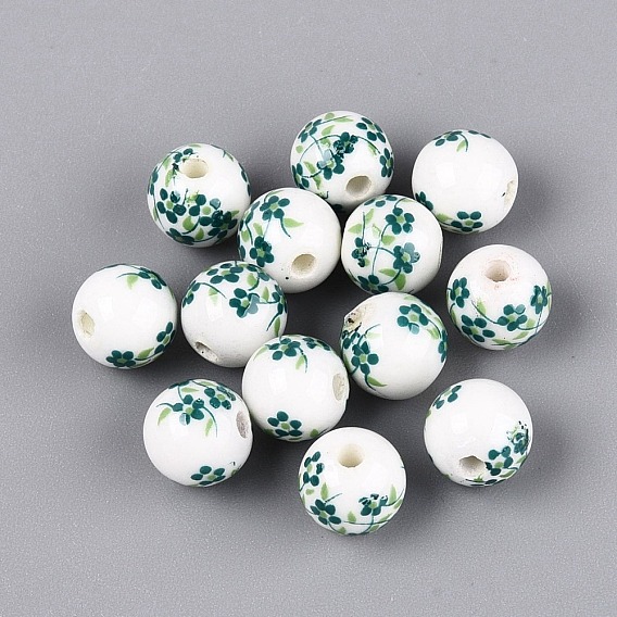 Handmade Porcelain Beads, Hand Painted, Round with Flower