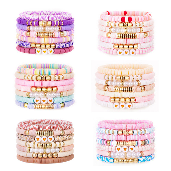 Набор эластичных браслетов для женщин с узором в виде сердечек из полимерной глины, пластиковых жемчужин и пластиковых бусин CCB.