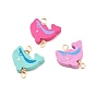 Spray Painted Wood Connector Charms, with Golden Tone Copper Wire Loops, Dolphin
