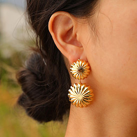 Double Flower Brass Stud Earrings, Dangle Earring for Women