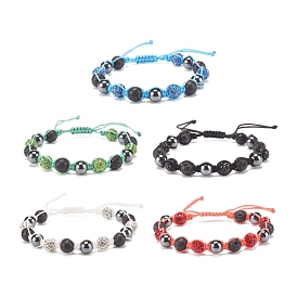 Synthetic Hematite & Natural Lava Rock Braided Bead Bracelet with Rhinestone Disc Ball, Essential Oil Gemstone Jewelry for Women