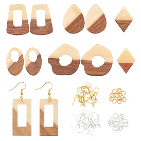 DIY Dangle Earring Making Kits, 12Pcs 6 Style Opaque Resin & Walnut Wood Pendants, Trapezoid & Teardrop & Rectangle & Oval & Rhombus, 36Pcs 2 Colors Brass Earring Hooks and 3.48G 2 Colors Brass Jump Rings