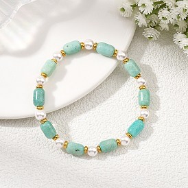 Эластичные браслеты для женщин из натуральных драгоценных камней, жемчуга и ракушек, латунных бусин., баррель, золотые