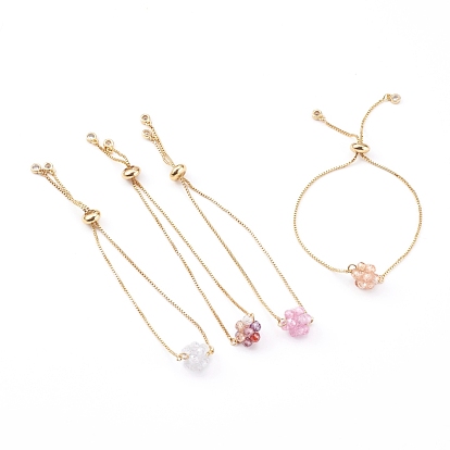 Pulseras deslizantes de latón ajustable, pulseras de bolo, con cuentas tejidas de circonita cúbica, dorado