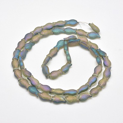 Frosted Electroplate Glass Fish Beads Strands, Rainbow Plated, 15x8x5mm, Hole: 1mm, about 30pcs/strand, 16 inch