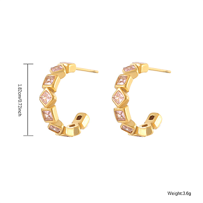 Golden Titanium Steel Ring Stud Earrings, Rhinestone Half Hoop Earrings
