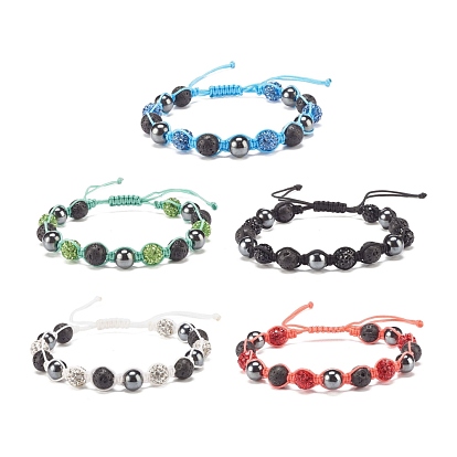 Synthetic Hematite & Natural Lava Rock Braided Bead Bracelet with Rhinestone Disc Ball, Essential Oil Gemstone Jewelry for Women