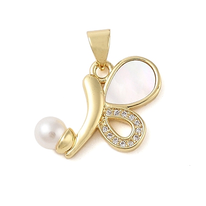 Brass Micro Pave Clear Cubic Zirconia Pendants, Cadmium Free & Lead Free, with Shell, ABS Imitation Pearl, Butterfly
