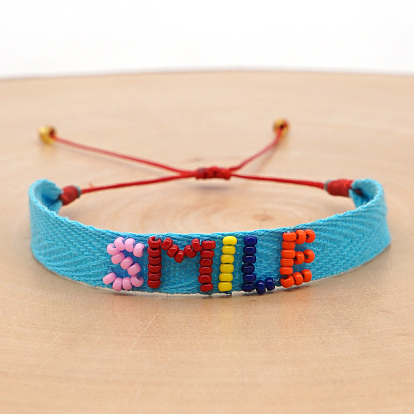 Nylon Cord Braided Bead Bracelets, Glass Seed Beaded Word Smile Inspiration Bracelet for Women