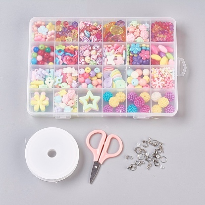 Diy joyería haciendo kits para niños, Los granos de acrílico de forma mixta, cierres de pinza de langosta, Hilo de cristal, anillo de salto, tuercas de oreja / aretes, tijera, consejos de cuentas