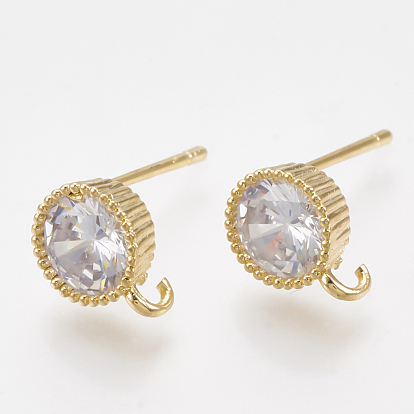 Brass Cubic Zirconia Stud Earring Findings, with Loop, Flat Round, Clear, Real 18K Gold Plated