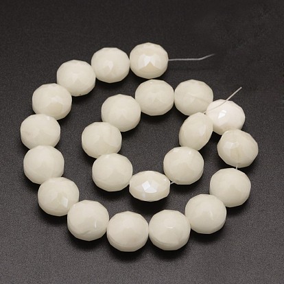 Electroplate Glass Beads Strands, Pearl Luster Plated, Faceted Flat Round