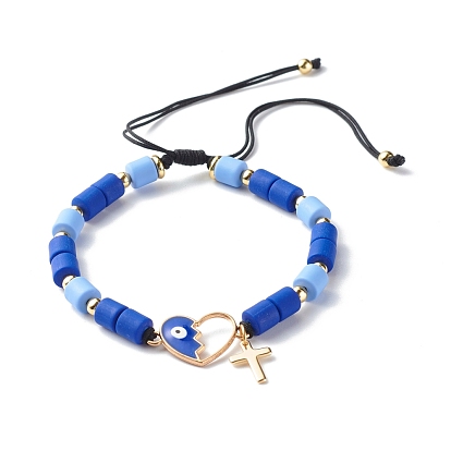Adjustable Nylon Thread Charm Bracelets, with  Handmade Polymer Clay Beads, Alloy Enamel Heart Link, Brass Cross Charm