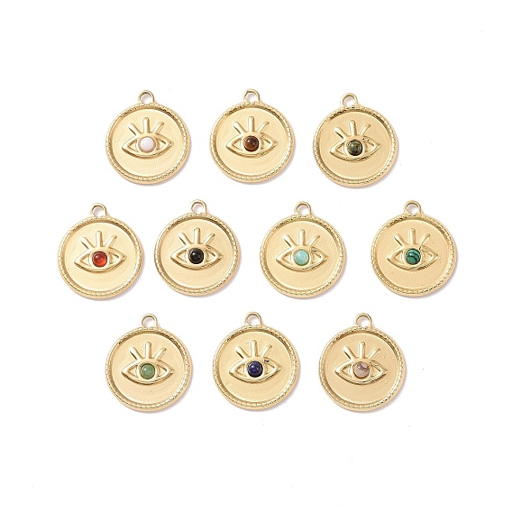 Gemstone Pendants, with Ion Plating(IP) Real 18K Gold Plated 304 Stainless Steel Findings, Flat Round Charm with Eyes