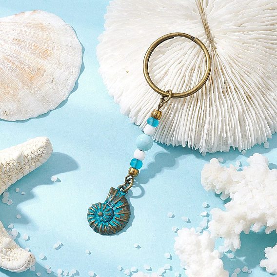 Сплав брелки с подвеской на тему океана, со стеклянными бусинами, латунными соединительными кольцами, натуральными бусинами из говлита, никелированными разъемными кольцами с железным покрытием и железной булавкой с ушком