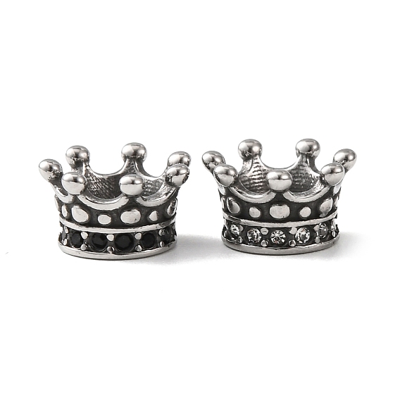 316 Surgical Stainless Steel European Beads, with Rhinestone, Large Hole Beads, Crown, Antique Silver