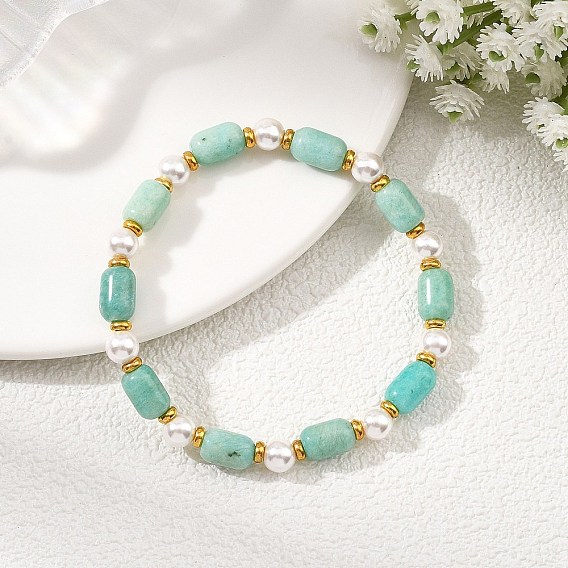 Natural Gemstone & Shell Pearl & Brass Beads Stretch Bracelets for Women, Barrel, Golden