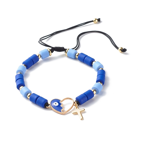 Adjustable Nylon Thread Charm Bracelets, with  Handmade Polymer Clay Beads, Alloy Enamel Heart Link, Brass Cross Charm