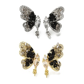 Brass Micro Pave Clear Cubic Zirconia & Quartz Stud Earring Findings, with 925 Sterling Silver Needle, for Half Drilled Beads, Butterfly