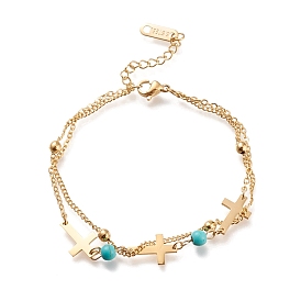 304 acier inoxydable bracelets multi-brins, avec des perles turquoises synthétiques et fermoirs pince de homard, croix