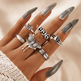 Fashionable Diamond Butterfly Ring Set Geometric Letter Ring Eight-piece Set