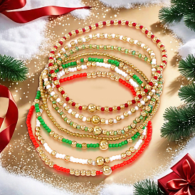 4Pcs Christmas Theme Glass Seed & CCB Beads Stretch Bracelets, with Christmas Card Paper Decoration Gift