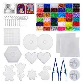 DIY Keychain Kit, with Fuse Beads, Cord Loop Mobile Straps, Ironing Paper, ABC Plastic Pegboards, 304 Stainless Steel Keychain Ring, Plastic Tray Plate & Tweezers, Paper Cards