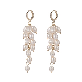 Natural Pearl Cluster Dangle Hoop Earrings, Brass Long Drop Earrings with Clear Cubic Zirconia for Women