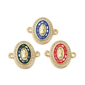 Rack Plating Brass Micro Pave Clear Cubic Zirconia Oval with Virgin Mary Connector Charms, with Enamel & Shell, Real 18K Gold Plated, Long-Lasting Plated, Lead Free & Cadmium Free