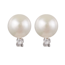 Natural Pearl Ear Studs, with Sterling Silver Micro Pave Cubic Zirconia Findings, Round